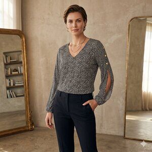 Michael Kors Black White Animal Print Blouse Gold MK Buttons | Size Large